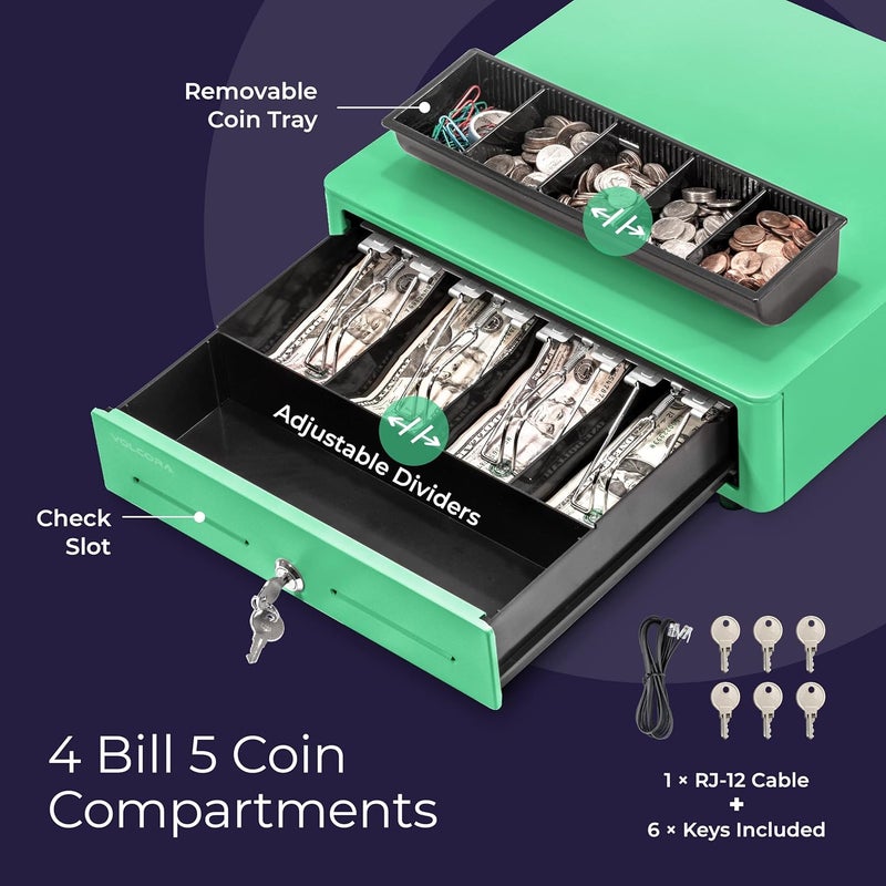 Volcora Cash Register Drawer for (POS) Point of Sale System with Round Corner 13", Removable Coin Tray, 4 Bill/5 Coin, 12-24V, RJ11/RJ12 Key-Lock, Media Slot,Cash Till, for Business, Green - Image 3